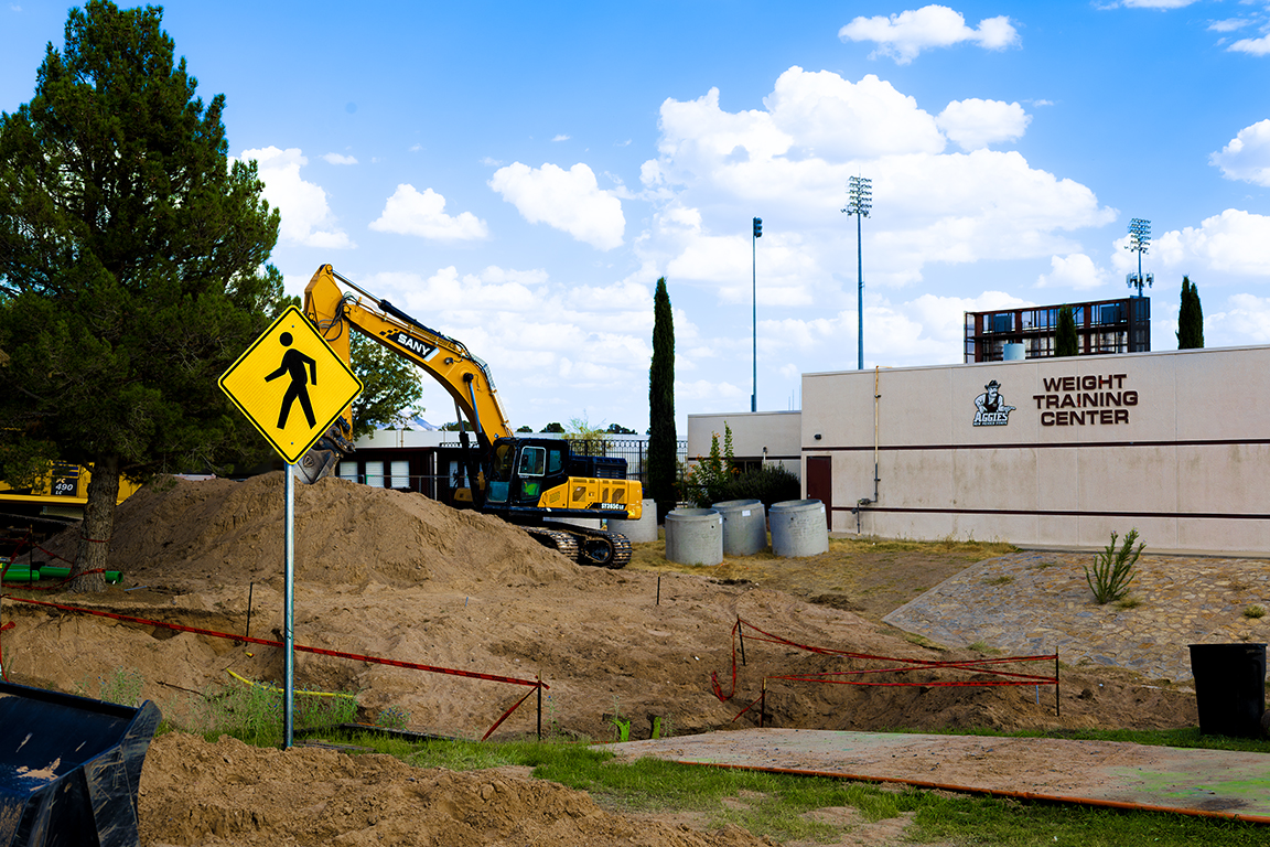 Construction on the football locker room is taking place outside the Aggie Memorial Stadium. Sep. 13, 2024.