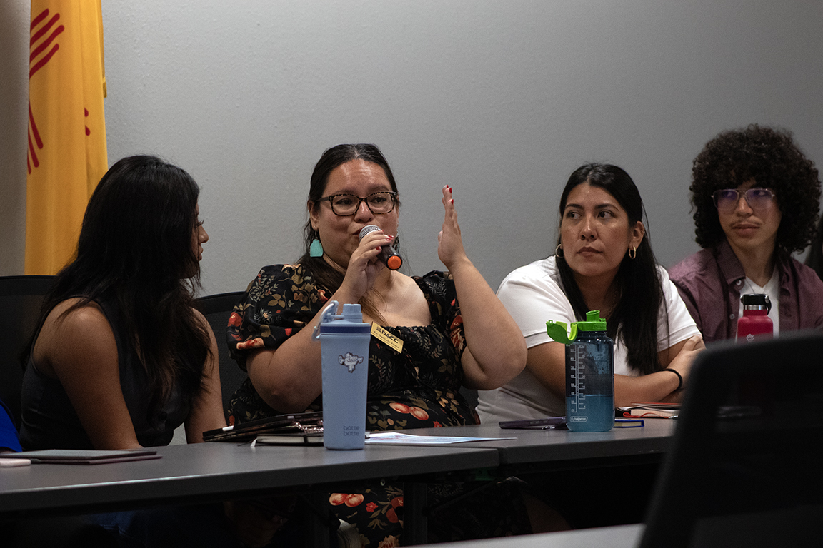 Dr. Gabriela Vitela speaks on a panel for Latinx Heritage Month, hosted by NMSU’s Latin American Programs on Sept. 25, 2024, in the Corbett Center Student Union Senate Chambers.