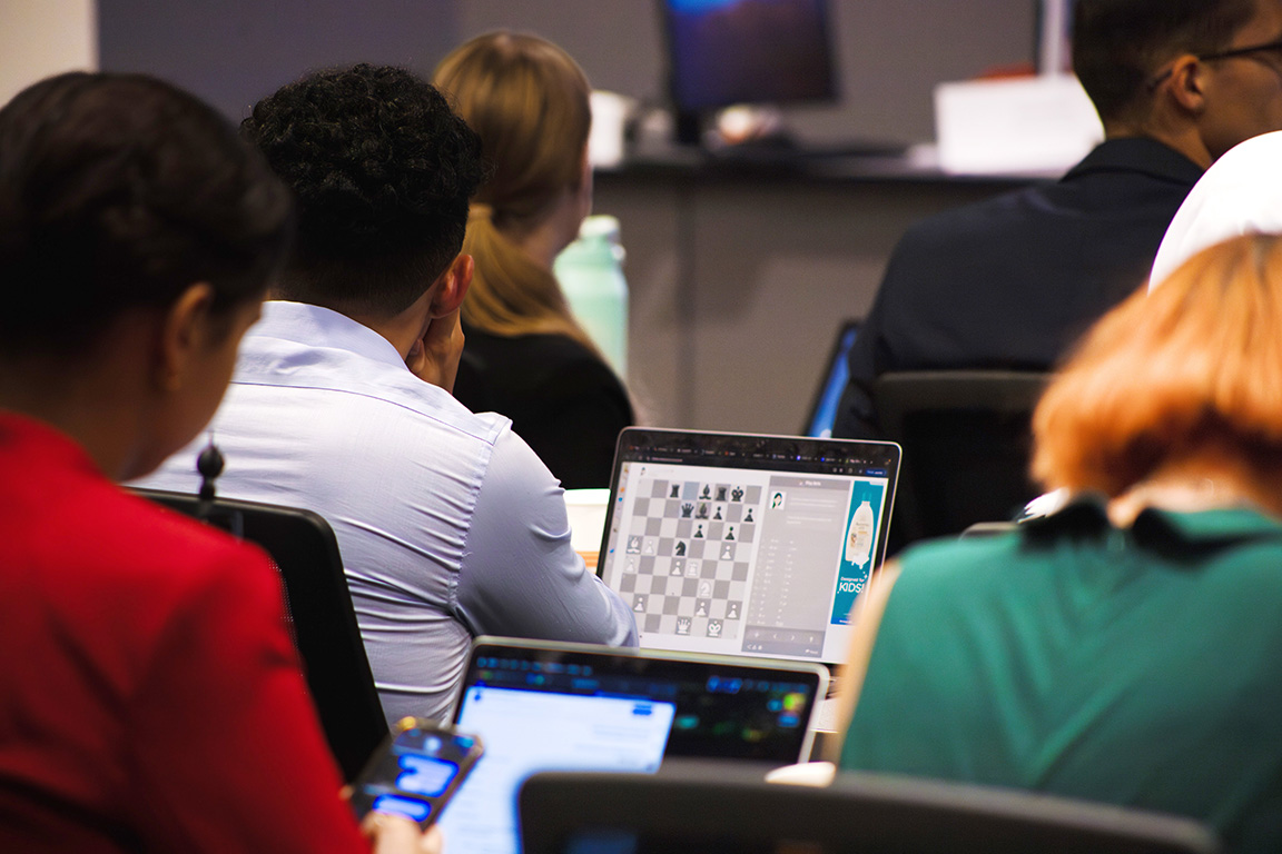 An ASNMSU senator plays chess during the Committee of the Whole during the ASNMSU senate meeting.. Oct. 17, 2024. 