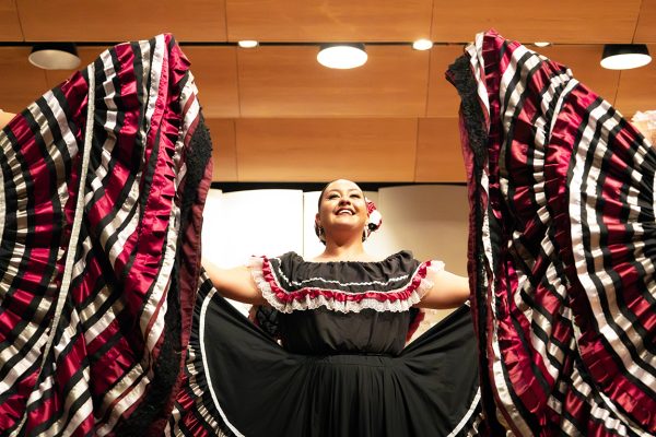  

NMSU Folklorico dancers fan their dresses during their performance for Sunday evening’s Autumn Overture. Sept. 22, 2024.  