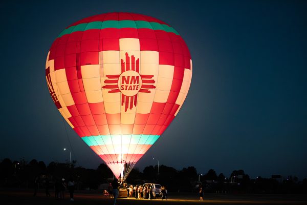 The “Aggie Up” balloon illuminates the sky as a part of the Burning of the Lobo events on Thursday, Sept. 26, 2024.