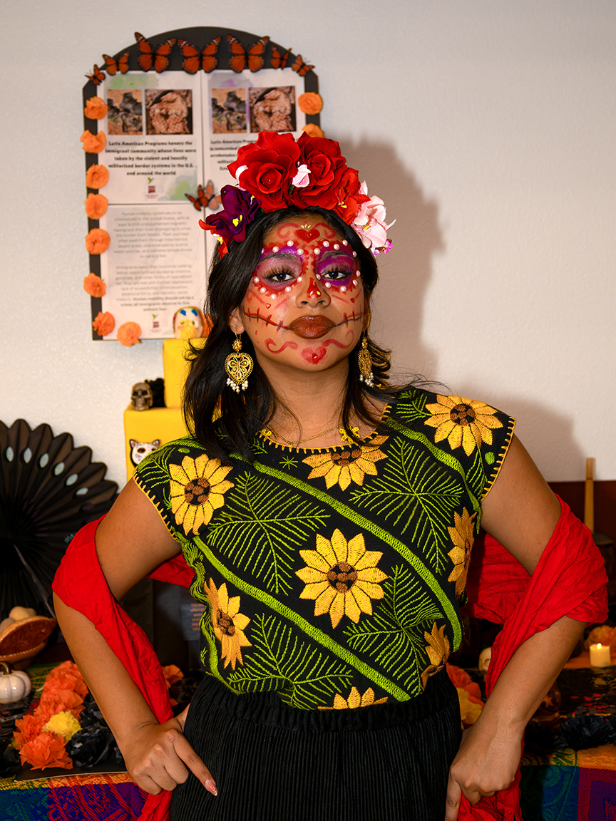 Karla Robles created her own outfit and did her own makeup for the community ofrenda. Nov. 4, 2024. 