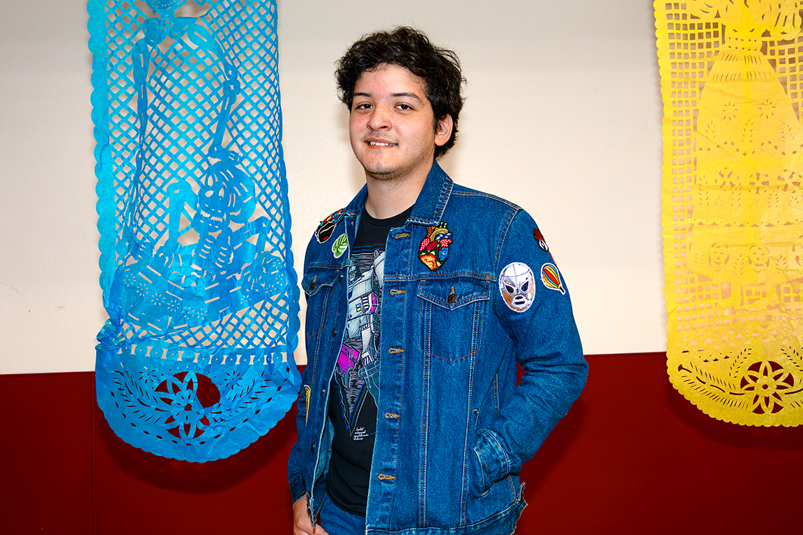 Student Jorge Fonseca stitched patches with Mesoamerican imagery on his jean jacket to commemorate his culture. Nov. 4, 2024. 