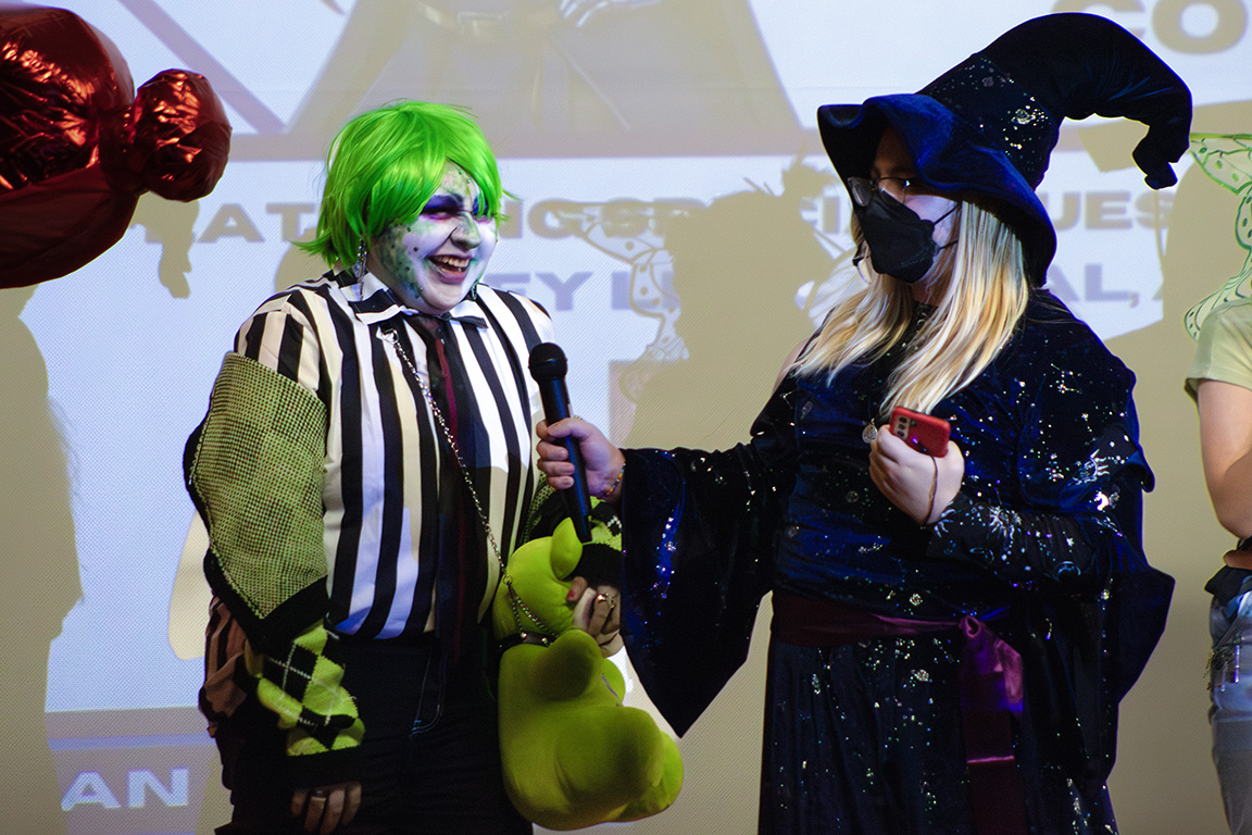 An NMSU student is dressed as Beetlejuice for the second annual Cosplay and Anime Convention costume competition. Oct. 23, 2024.  