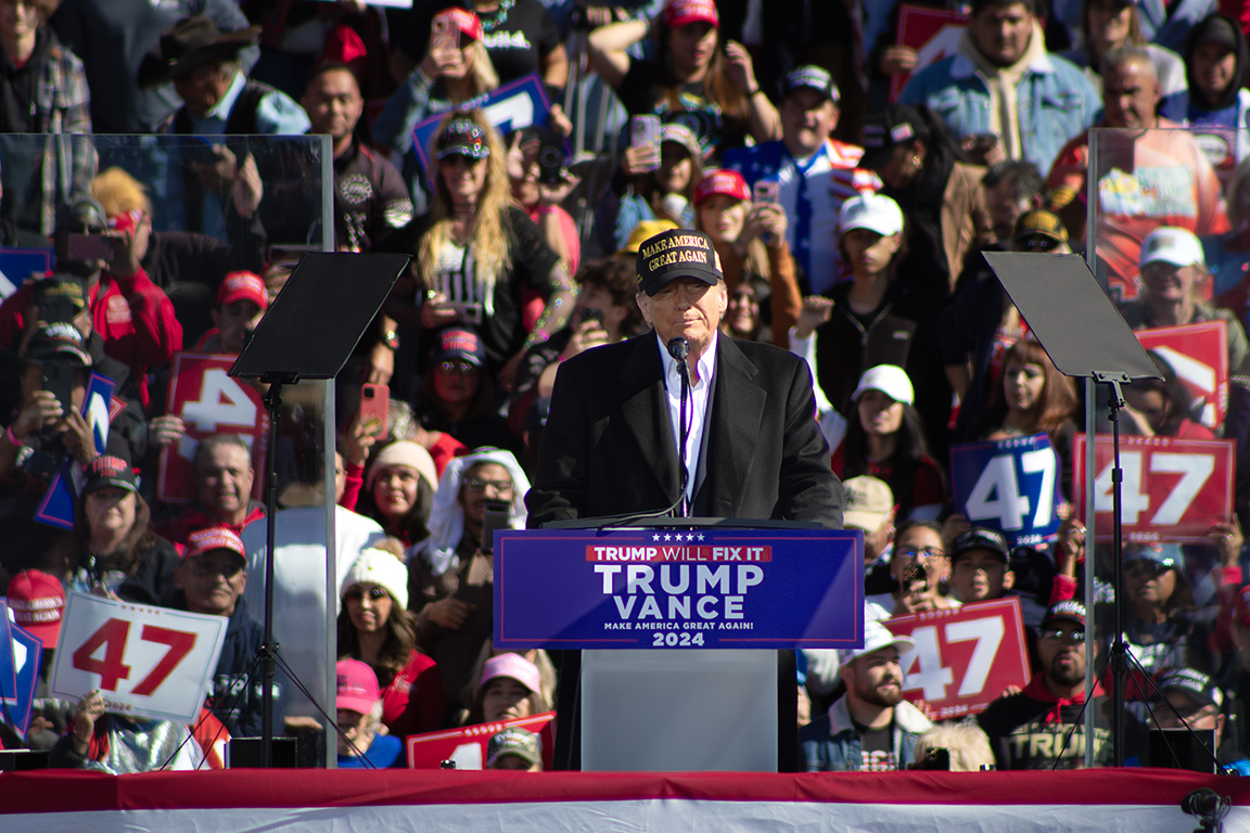 Republican presidential candidate Donald Trump speaks at the CSI Aviation center in Albuquerque. Oct. 31, 2024.