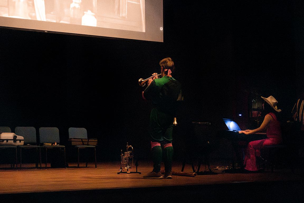 Faculty musicians improvise silent film soundtracks on stage for the NMSU Music Departments’ “Trio of Terror” event. Oct. 30, 2024.