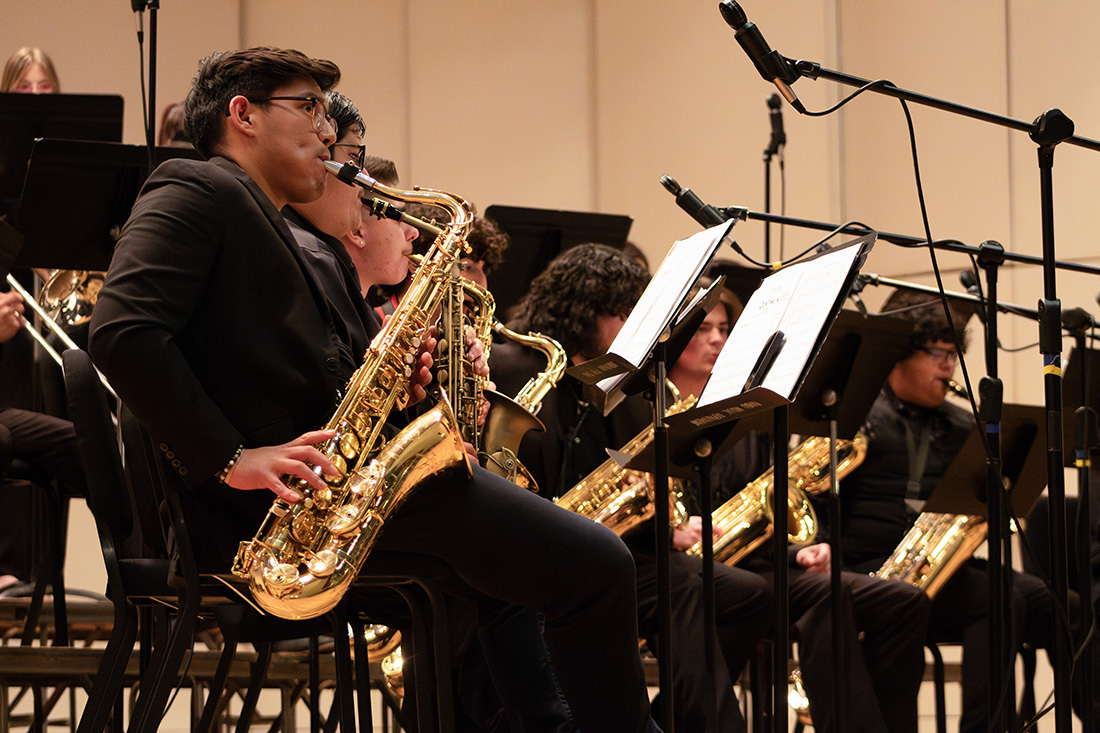 The saxophone section of the NMSU Jazz Ensembles play their first song at the Tribute to Quincy Jones Concert in the Atkinson Recital Hall. Feb 13, 2025 