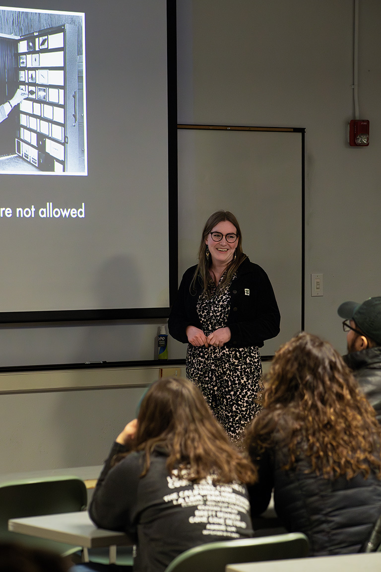 Dr. Stephanie Monty gives a small presentation in the Biology Annex before attendees go to the Tombaugh Campus Observatory. Jan. 29, 2025