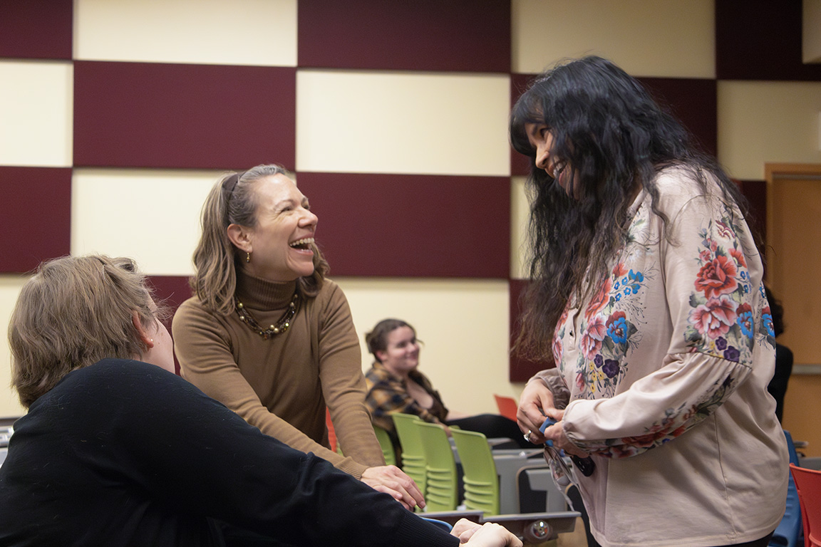 Three cast members of "The Vagina Monologues" go over their lines during a rehearsal break. Feb 3, 2025. 