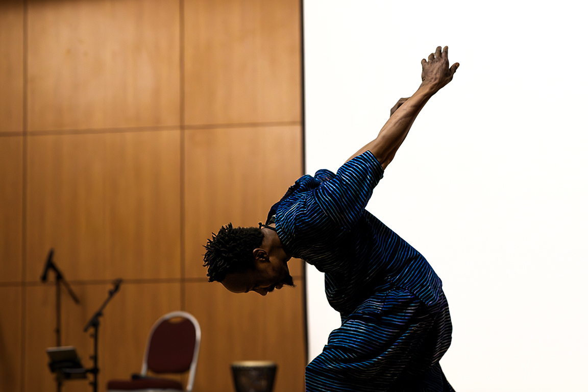 Brahimasory "Soriba" Fofana dances in the Corbett Student Union Auditorium Feb. 22, 2025. 