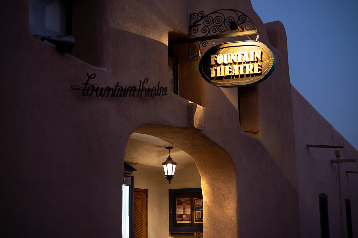 The Fountain Theater sign in Mesilla glows as people start arriving for the 6 p.m. showing of “10,000 Black Men Named George”. Feb. 11, 2025. 