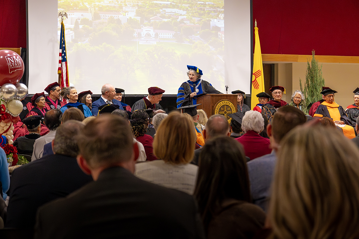 Montana State University President Waded Cruzado gives the keynote address at inauguration of NMSU’s 32nd president. April 24, 2025. 
