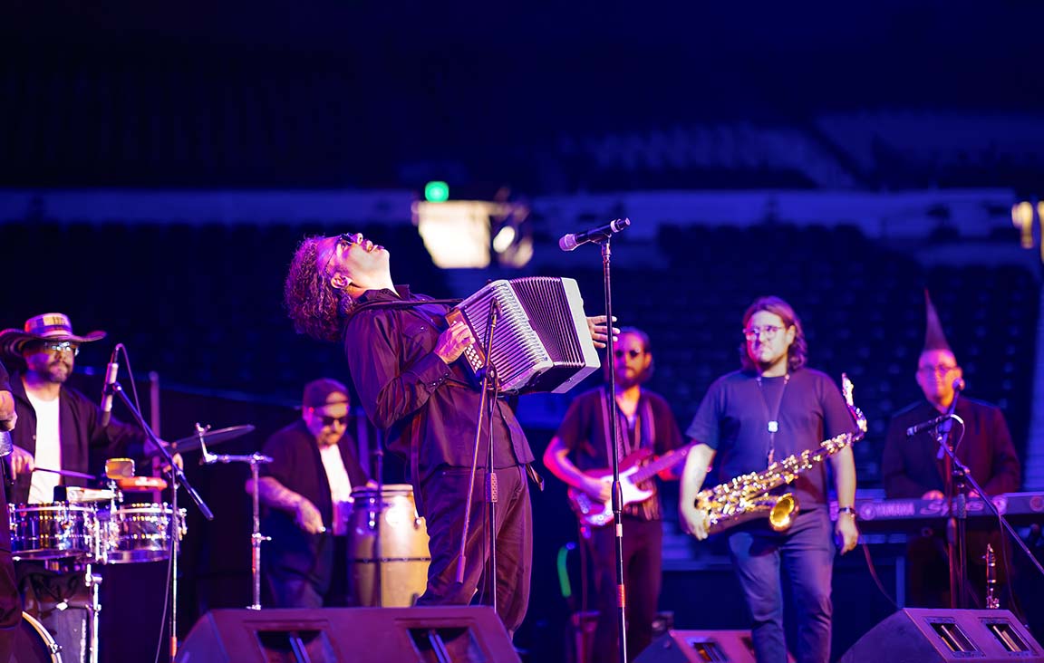 Frontera Bugalú kicks off Cumbia Night II with high-energy cumbia rhythms at the Pan American Center on Sept. 18, 2025. 