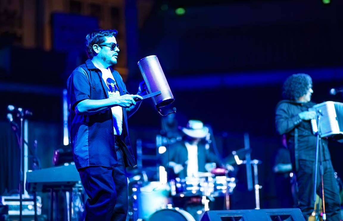A percussionist plays during Frontera Bugalú’s set at Cumbia Night II on Sept. 18, 2025. 