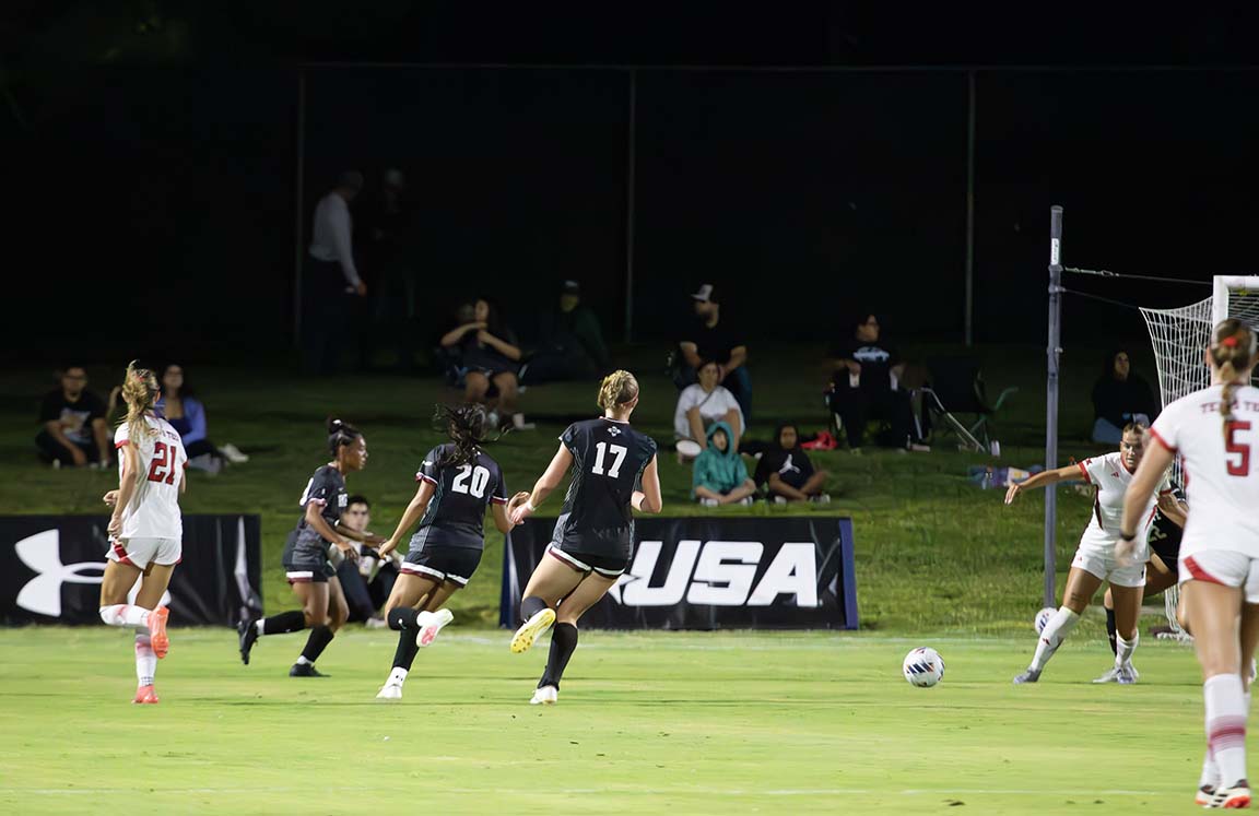 New Mexico State midfielders run toward the ball during the match against Texas Tech on September 9, 2025. 
