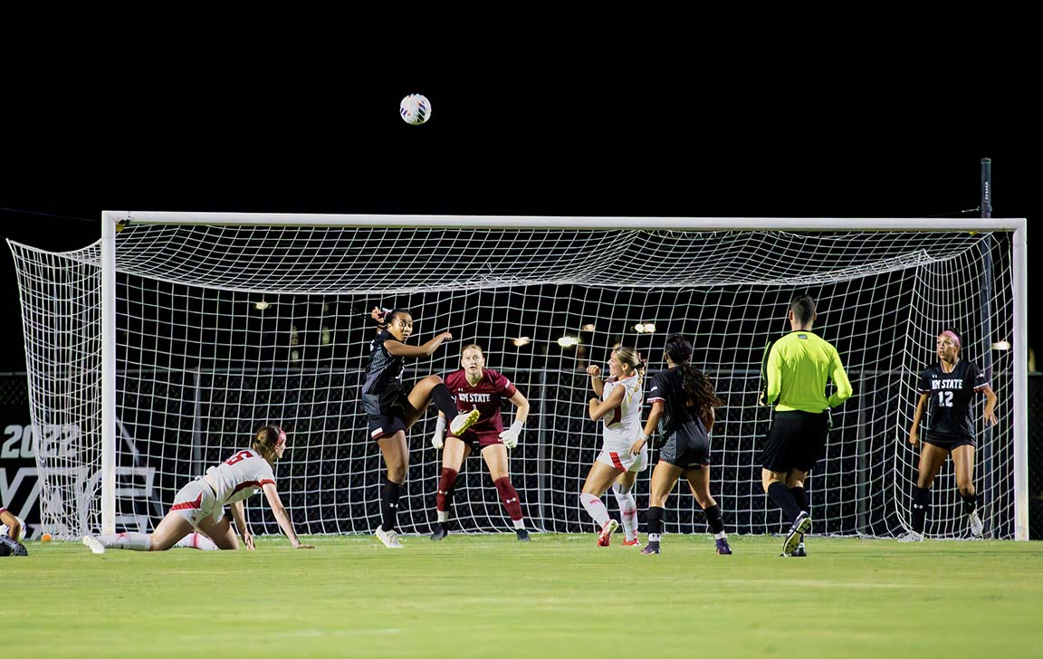 New Mexico State defender Marlee Cavitt kicks the ball away from the Aggies’ net. September 9, 2025.  