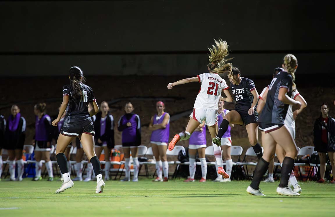 New Mexico State Midfielder Meredith Scott goes for a header at the start of the play on September 9, 2025. 