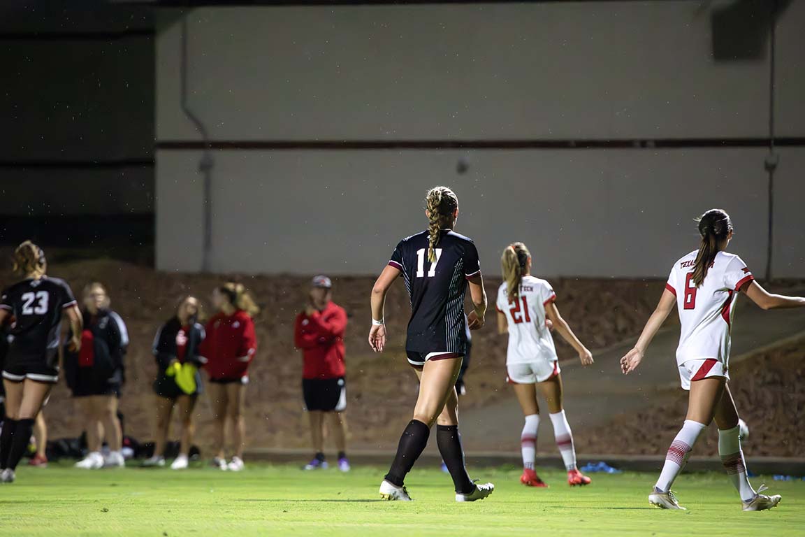 Number 17 Rachel Haan walks on the soccer field in the light rain. September 9, 2025.  