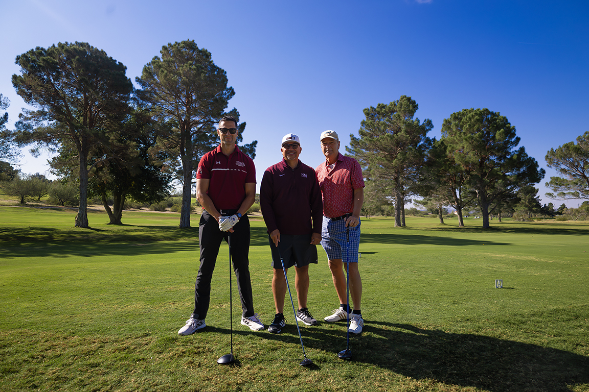 Pictured left to right: Aggie Government Relations, Clayton Abbey, Las Cruces Mayor Eric Enriquez and businessman Scott Scanland pose for a photo. Oct. 10, 2025. 