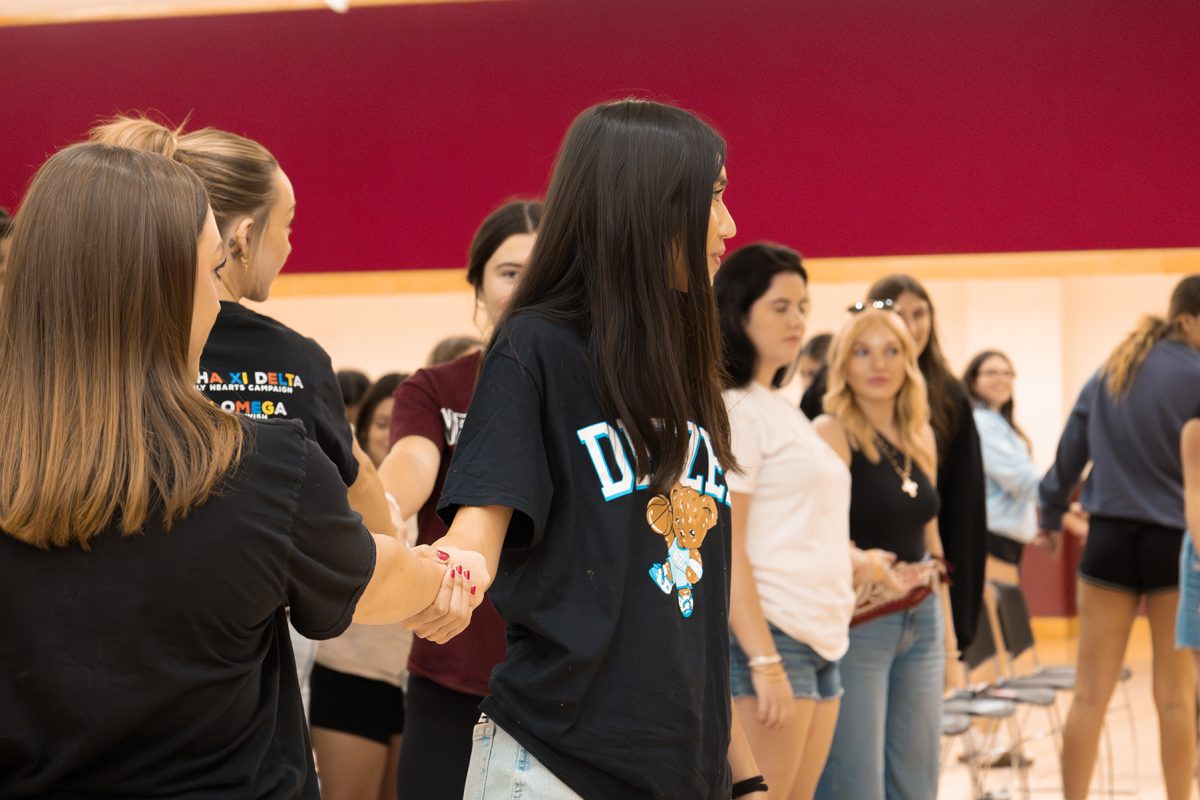 NMSU Panhellenic members listen to Tami Lara’s self-defense instruction on Wednesday, Sept. 24, 2025.