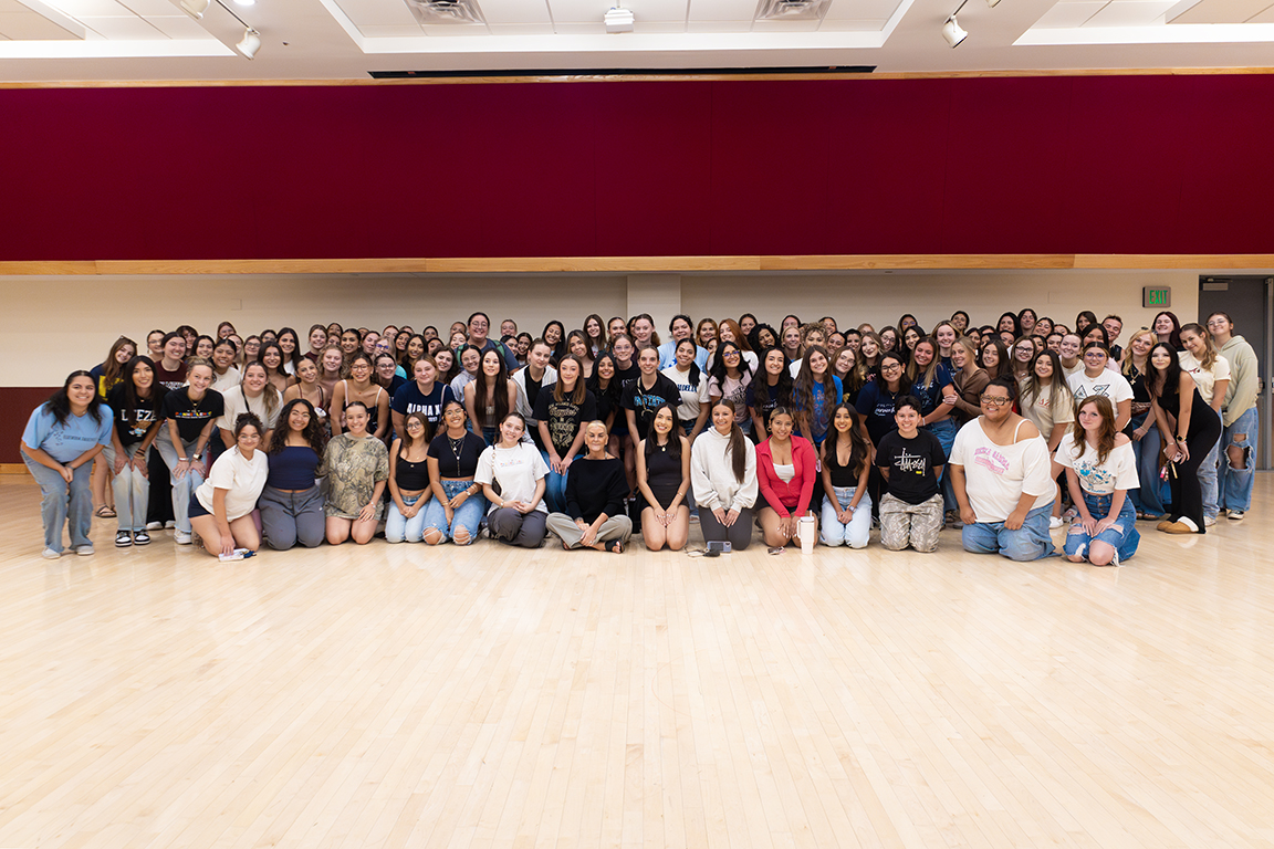 NMSU Panhellenic members pose for a group photo with Tami Lara after their Safety Tips for Female College Students event in the Corbett Center Student Union Ballrooms. Sept. 24, 2025.