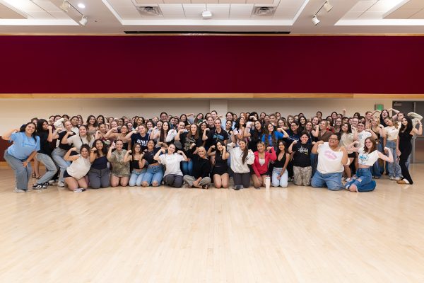 NMSU Panhellenic members pose for a group photo with Tami Lara after their Safety Tips for Female College Students event in the Corbett Center Student Union Ballrooms. Sept. 24, 2025.