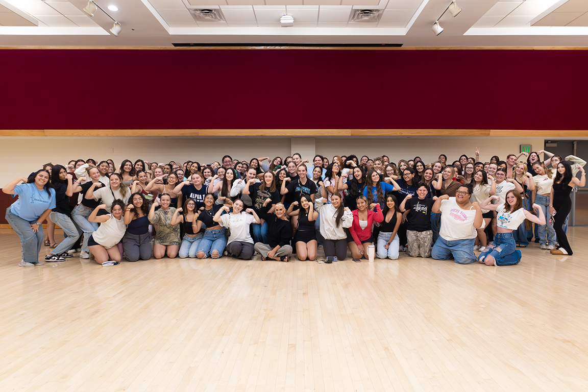 NMSU Panhellenic members pose for a group photo with Tami Lara after their Safety Tips for Female College Students event in the Corbett Center Student Union Ballrooms. Sept. 24, 2025.