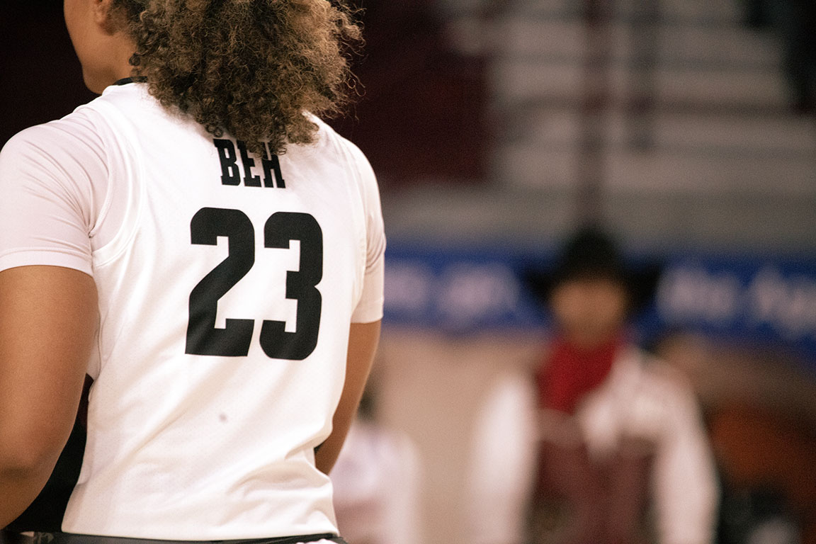 Player No. 23, Iyana Beh, moves into position during gameplay, seen from behind as she sets up the next play.