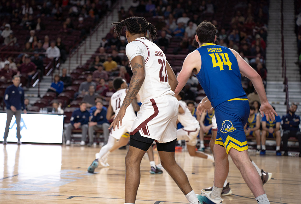 NMSU guard #21 Jemel Jones remains focused during the game against the Fightin’ Blue Hens.