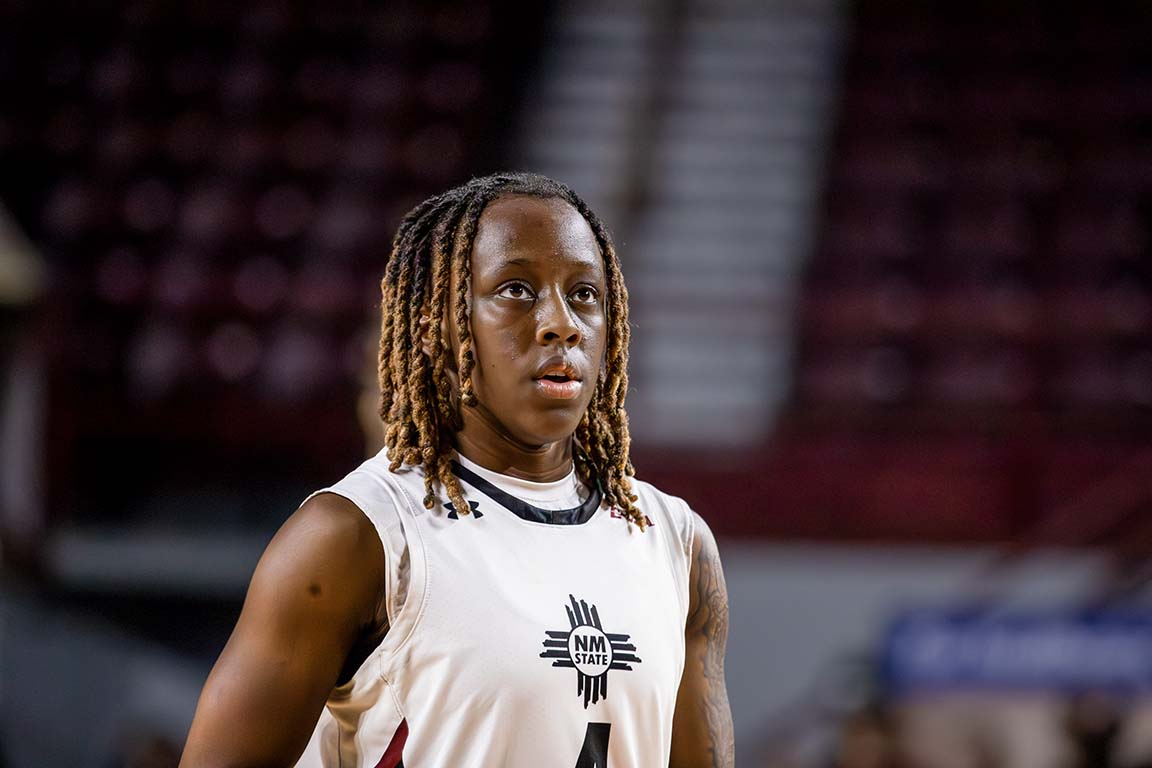 Guard DeAvion Wilson watches the court during NMSU’s home game against Sam Houston. Feb. 5, 2025.