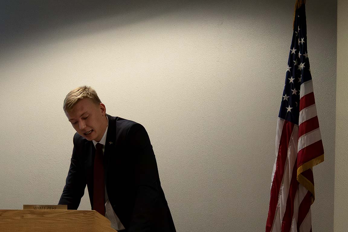 Student Body President Wyatt Ziehe opened the meeting with updates and a review of the senate's progress Feb 19, 2026. 
