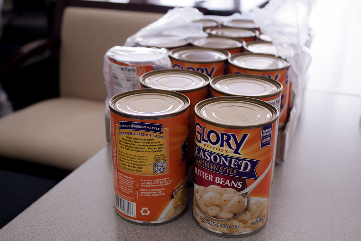 Staples like canned beans are available to students at the pop up grocery grab on February 26, 2026.
