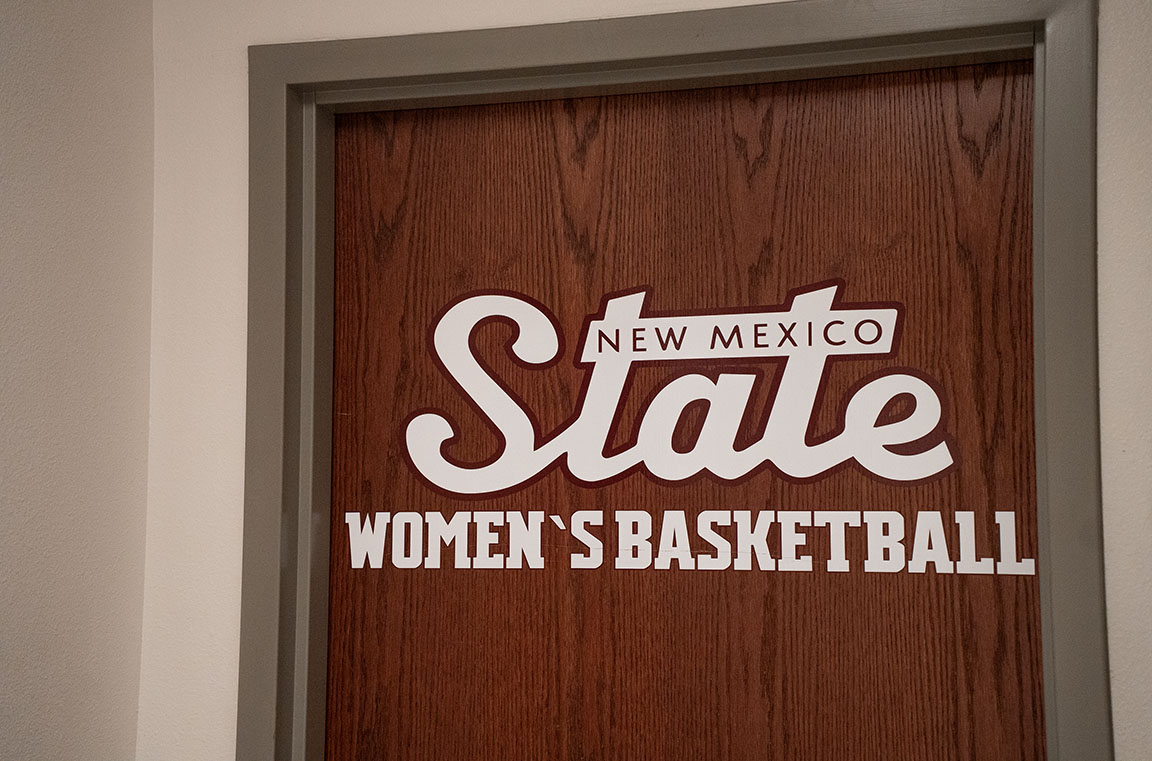 The New Mexico State women’s basketball locker room door inside the Pan American Center on March 8.