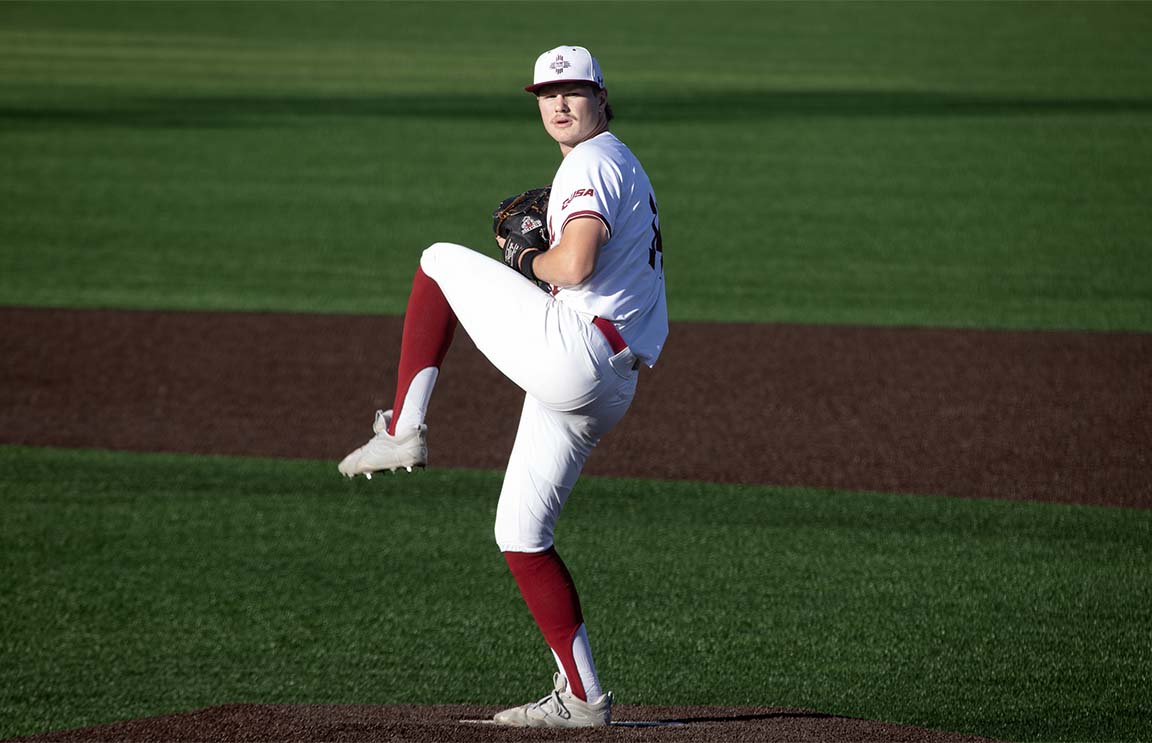 Colton Sneddon, a right-handed pitcher, delivers a focused pitch from the mound. April 17, 2026