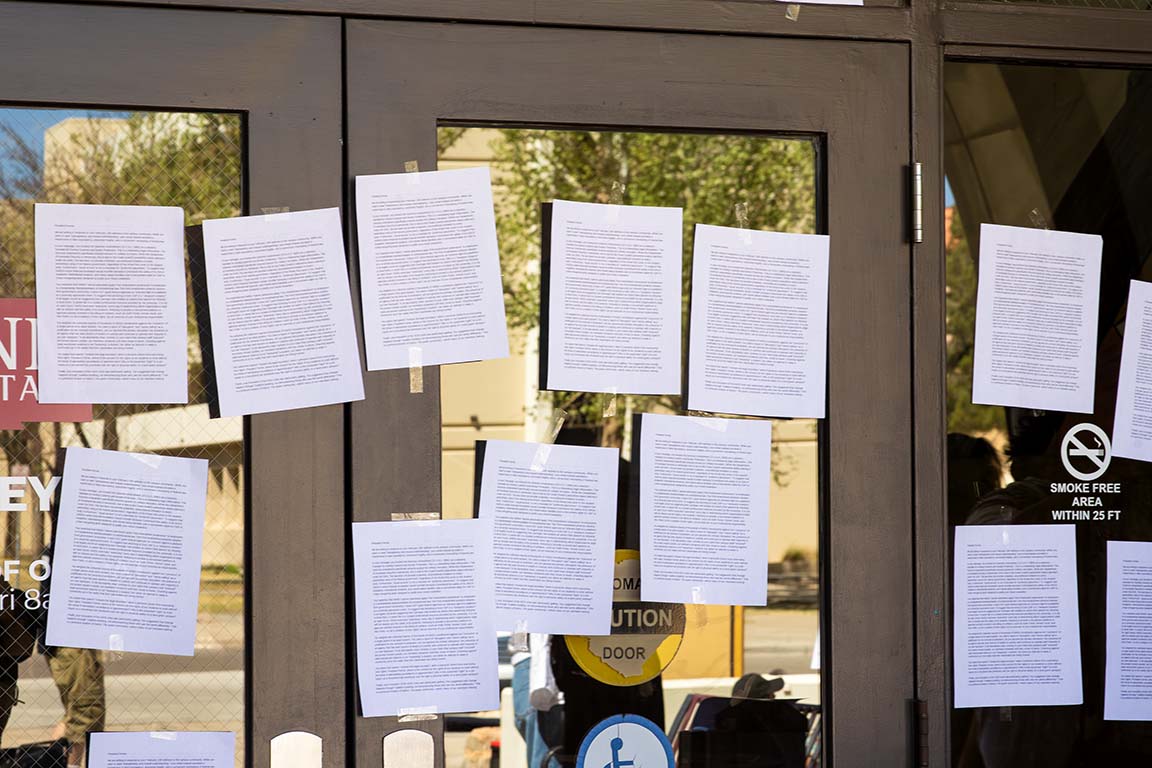 Letters taped across Hadley Hall with the demands of demonstrators calling for change. March 25, 2026.