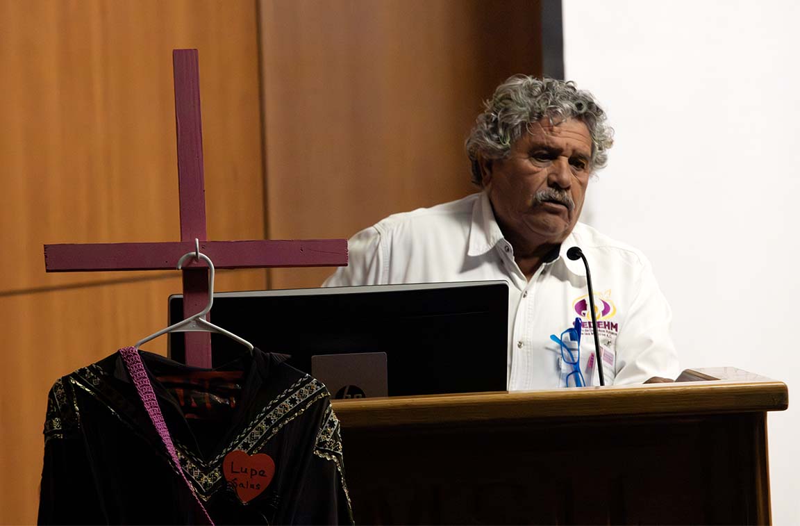  Keynote speaker Gabino Gomez Escarcega summarizes a documentary named ‘The Three Deaths of Marisela Escobedo’ by filmmaker Carlos Perez Osorio April 7, 2026. 