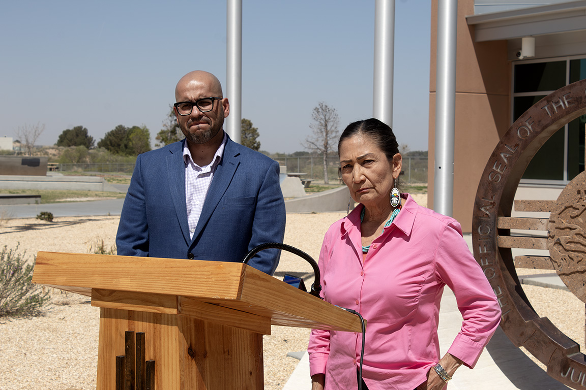 Secretary Deb Haaland takes questions from the press Sunland Park Sports Complex with New Mexico Speaker of the House Javier Martinez by her side. March 23, 2026.