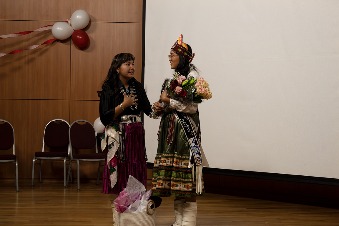 2025-2026 Miss Native America NMSU Dylan Carlisle congratulates the new crown recipient, Kimora Pettigrew, on March 27, 2026.
