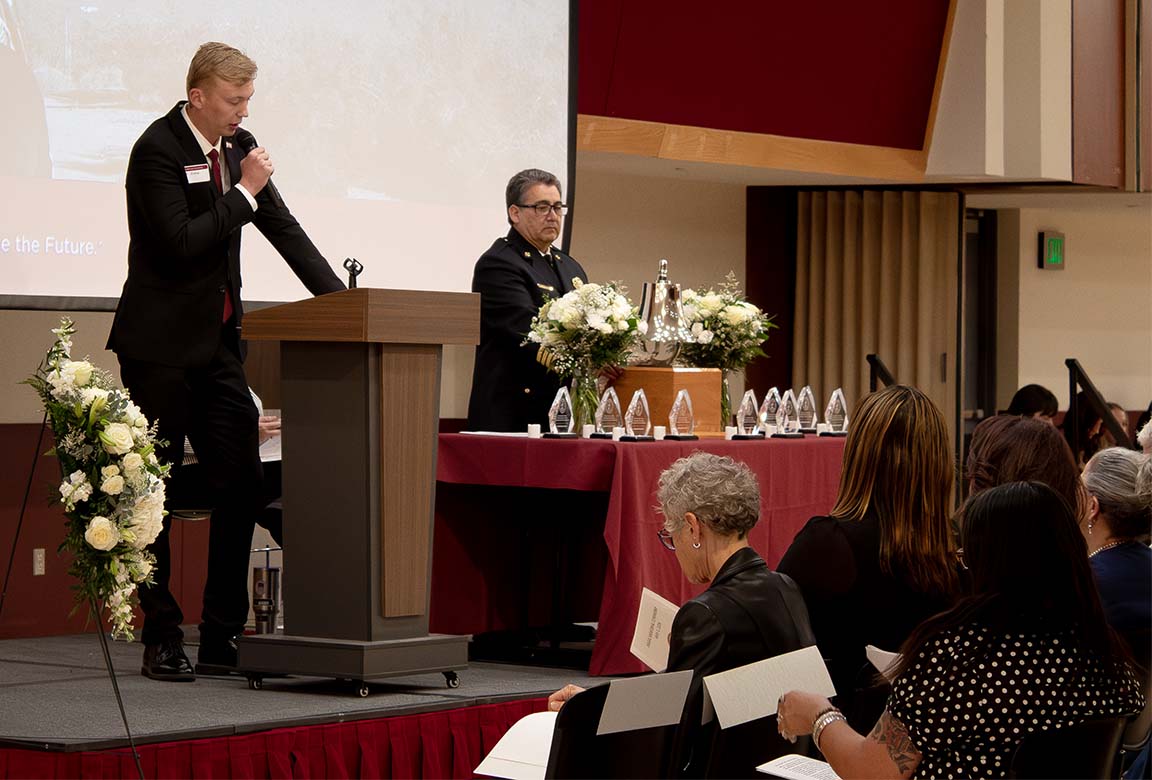 President of the Associated Students of New Mexico State University Wyatt Ziehe, the first speaker of the night, delivers a short speech in remembrance of the students and employees who have died. May 1, 2026.  
