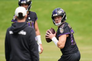 Baltimore Ravens quarterback Diego Pavia (17) works out during the NFL football team's rookie minicamp, Saturday, May 2, 2026, at the Under Armour Performance Center in Owings Mills, Md. 