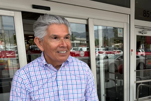 FILE - Republican gubernatorial candidate Duke Rodriguez talks with a voter in Albuquerque, N.M., Tuesday, June 2, 2026. (AP Photo/Susan Montoya Bryan, File)