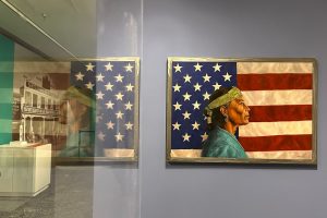 A painting by Navajo artist Kee Yazzie is displayed as part of the "Stars, Stripes and First Americans" exhibition at the Museum of Indian Arts and Culture in Santa Fe, N.M., on Monday, May 11, 2026. (AP Photo/Susan Montoya Bryan)