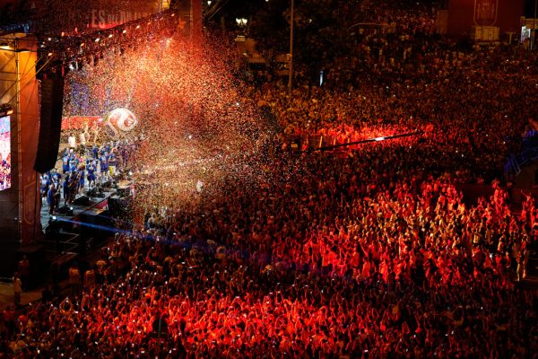 Players from Spain's national soccer team celebrate at Cibeles Square in Madrid on Monday, July 20, 2026, after Spain defeated Argentina in the World Cup final in East Rutherford, N.J., near New York. (AP Photo/Bernat Armangue)